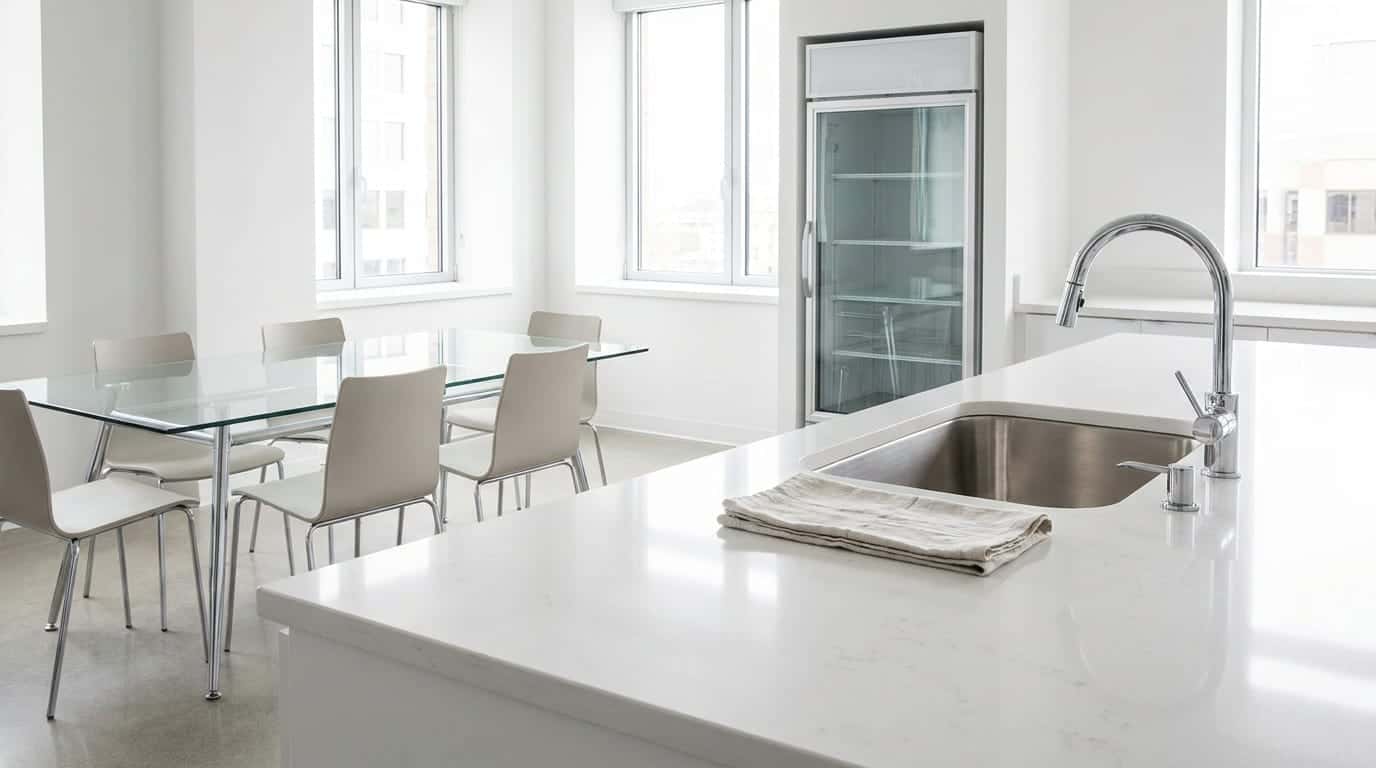 A bright breakroom with a white stone counter, a stainless-steel sink and tap, a glass-front refrigerator and a glass table with pale chairs