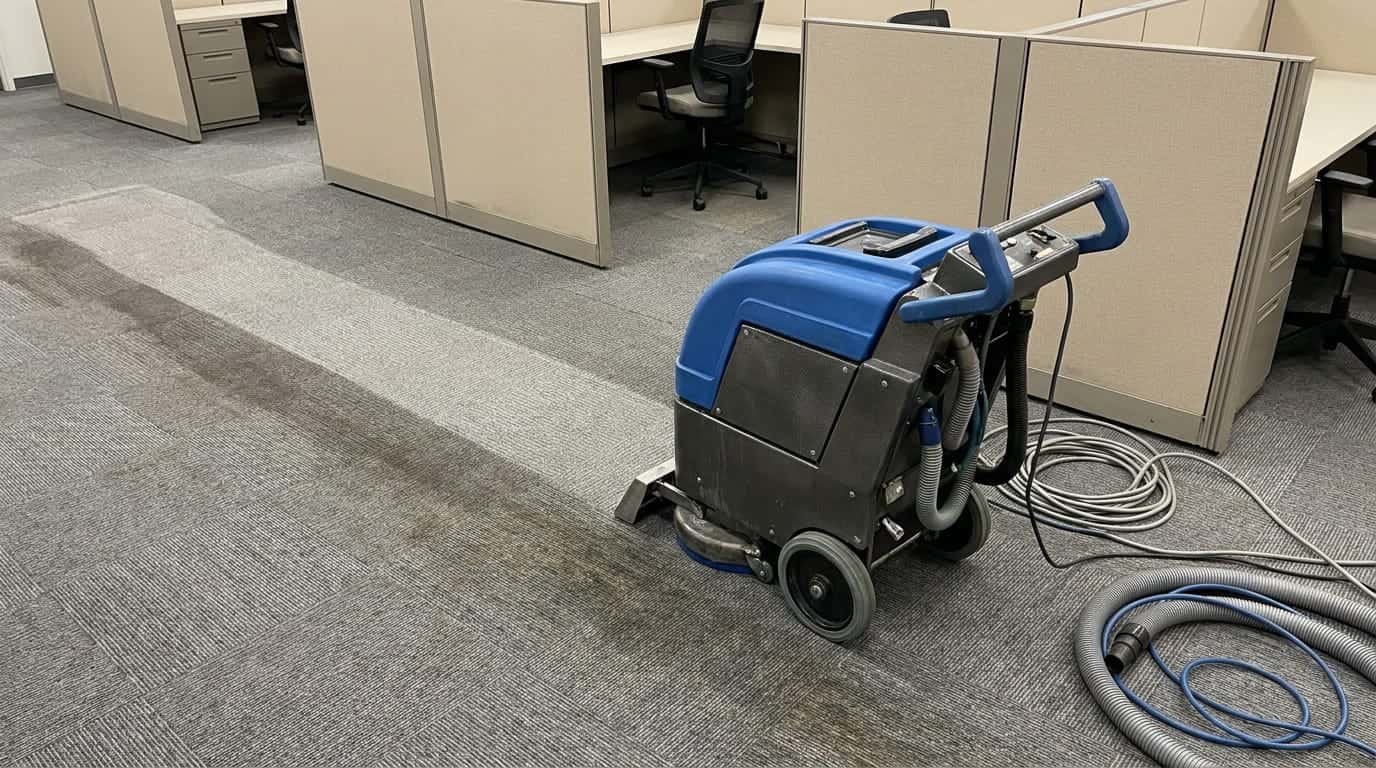 A blue carpet extraction machine on grey office carpet, with a lighter cleaned stripe behind it and a darker uncleaned area beside it, and cubicle partitions in the background