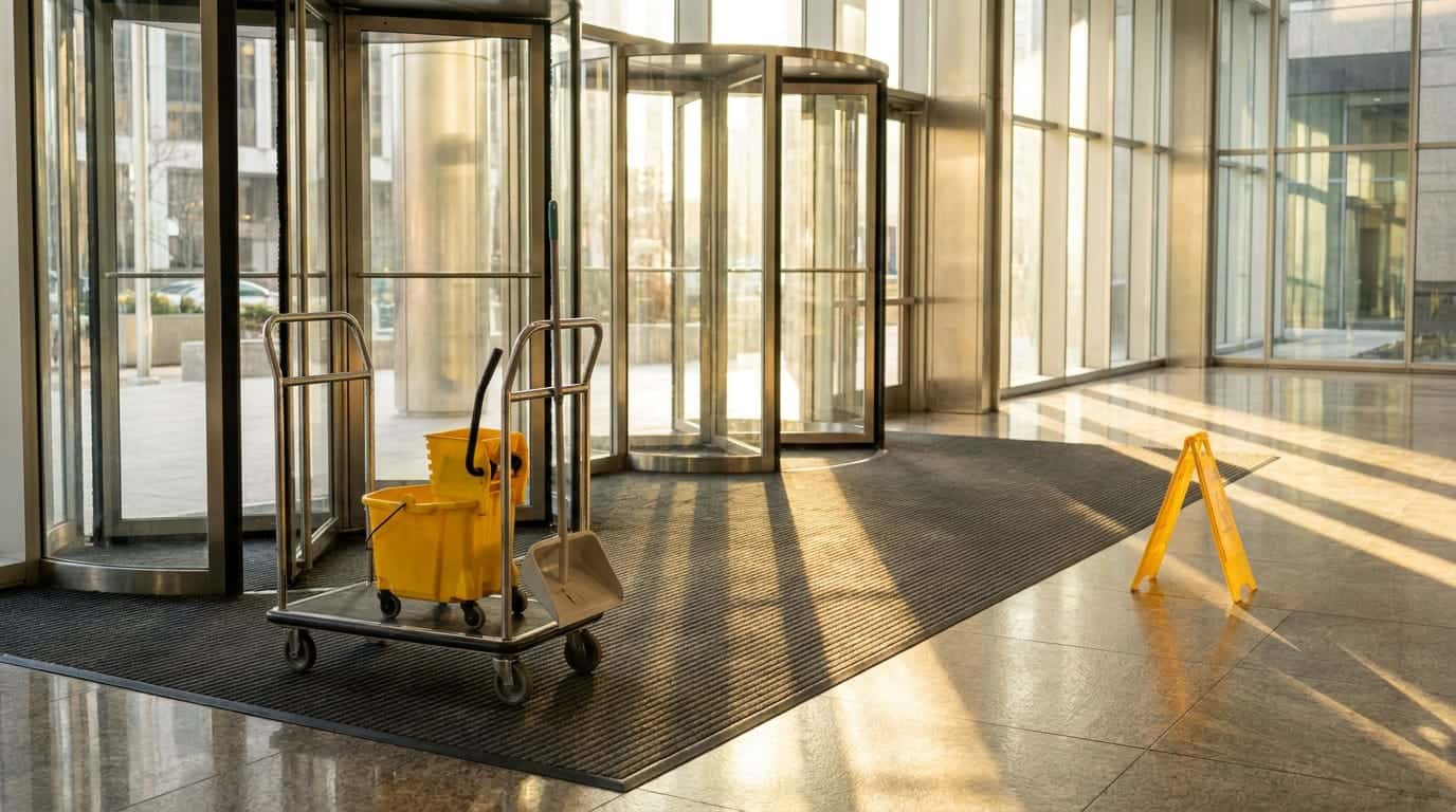 A building entrance with revolving doors, a cart holding a yellow mop bucket and a dustpan on a dark entrance mat, and a yellow caution sign on the polished floor in low sunlight