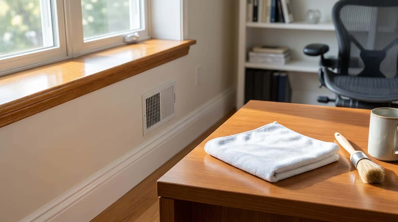 A sunlit office corner with a polished wooden window sill, a wall vent grille and clean baseboards, and a folded white cloth and a small brush resting on a wooden desk