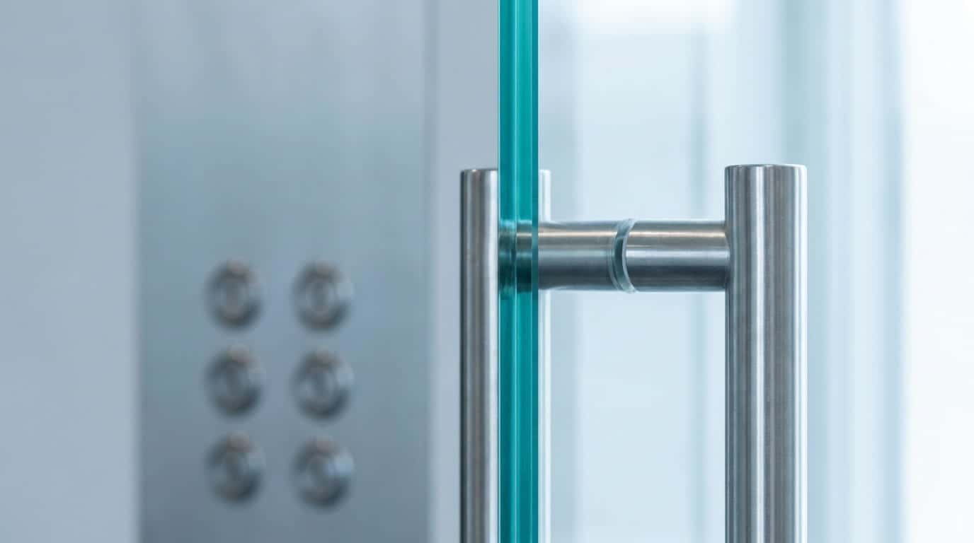A close-up of a stainless-steel pull handle on a glass door, with a panel of elevator buttons softly out of focus behind it