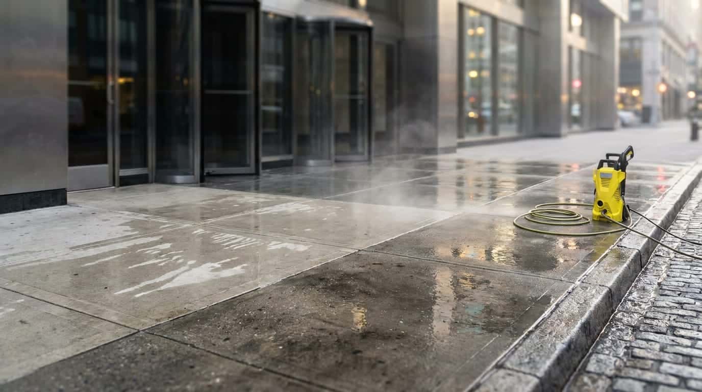 A wet city sidewalk outside a glass and steel building entrance, one half of the paving cleaner than the other, with a small yellow pressure washer and its hose beside the curb