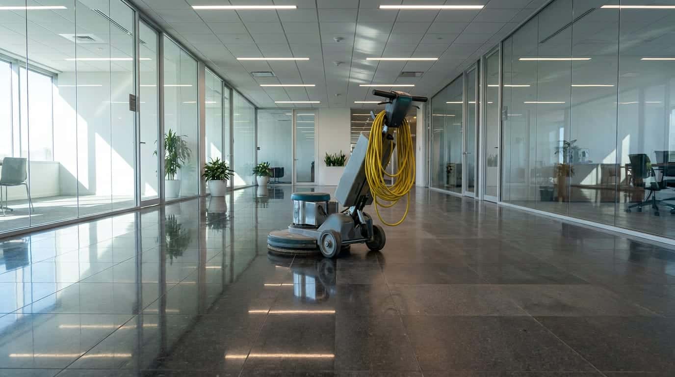 A floor polishing machine with a yellow cord coiled over its handle, parked on a glossy dark floor in a long corridor with glass-walled offices on both sides