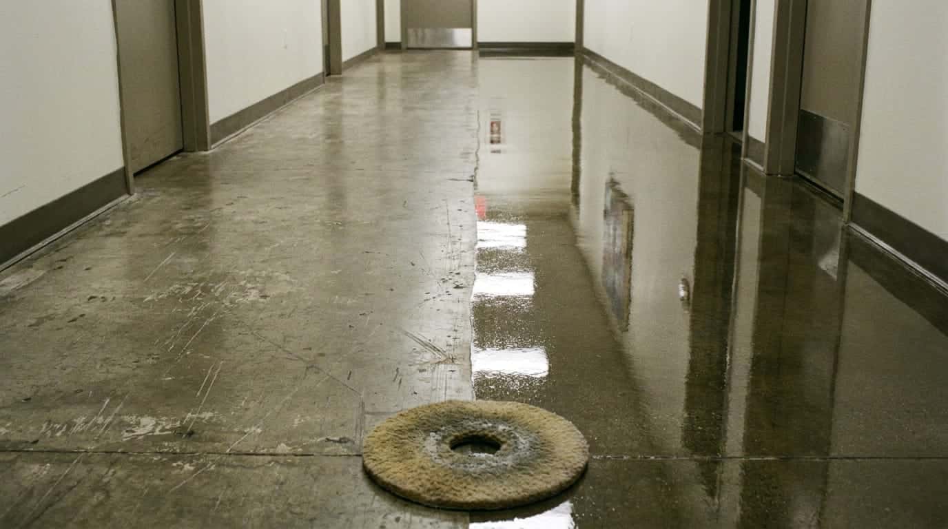 A concrete corridor floor, the left half dull and scratched and the right half freshly finished and glossy, with a round floor pad lying on the dividing line