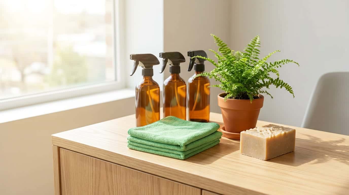 Three amber glass spray bottles, a stack of folded green microfiber cloths, a bar of soap and a potted fern on a light wooden cabinet beside a sunny window