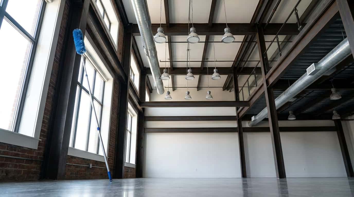 A high-ceilinged loft office seen from the floor, with exposed steel beams, round metal ducts, hanging lights, brick walls and tall windows, and a long-handled duster leaning against a column