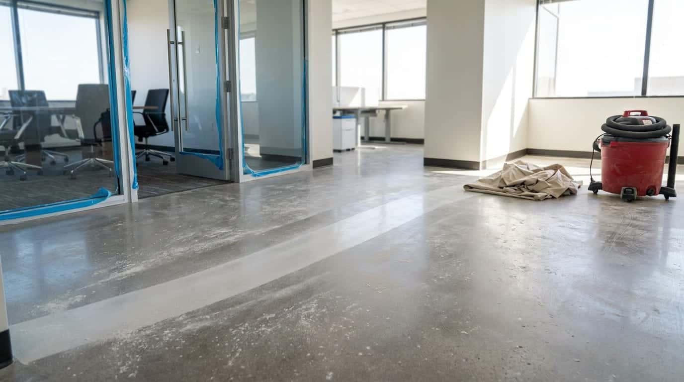A newly built office suite with blue protective film on the glass doors, a dusty concrete floor with one swept stripe, a folded drop cloth and a red shop vacuum