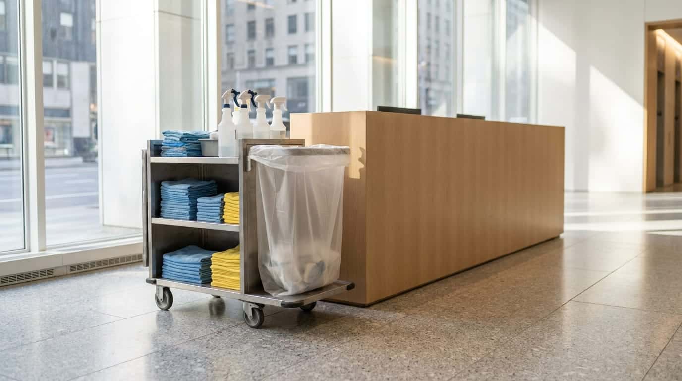 A stainless-steel janitorial cart with folded blue and yellow microfiber cloths, spray bottles and a lined bin, parked beside a wooden reception desk in a bright lobby with a speckled stone floor