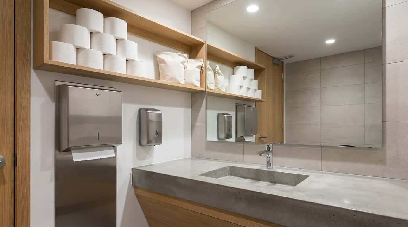 A tidy restroom with shelves of toilet-paper rolls and paper refill bags, a stainless-steel paper-towel dispenser and soap dispenser, a concrete sink and a large mirror