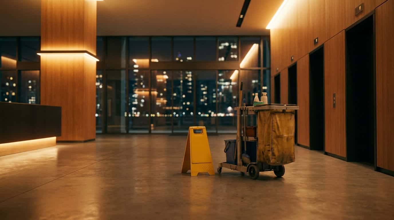 A dim, warmly lit building lobby at night with wood-panelled walls and elevators, a janitorial cart and a yellow caution sign on the floor, and city lights outside the tall windows