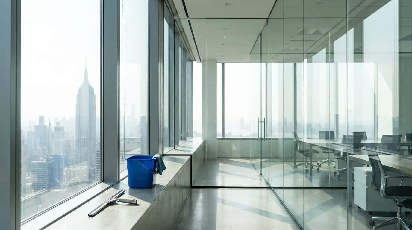 A glass-walled office with floor-to-ceiling windows looking over a hazy city skyline, and a blue bucket and a squeegee resting on a concrete ledge