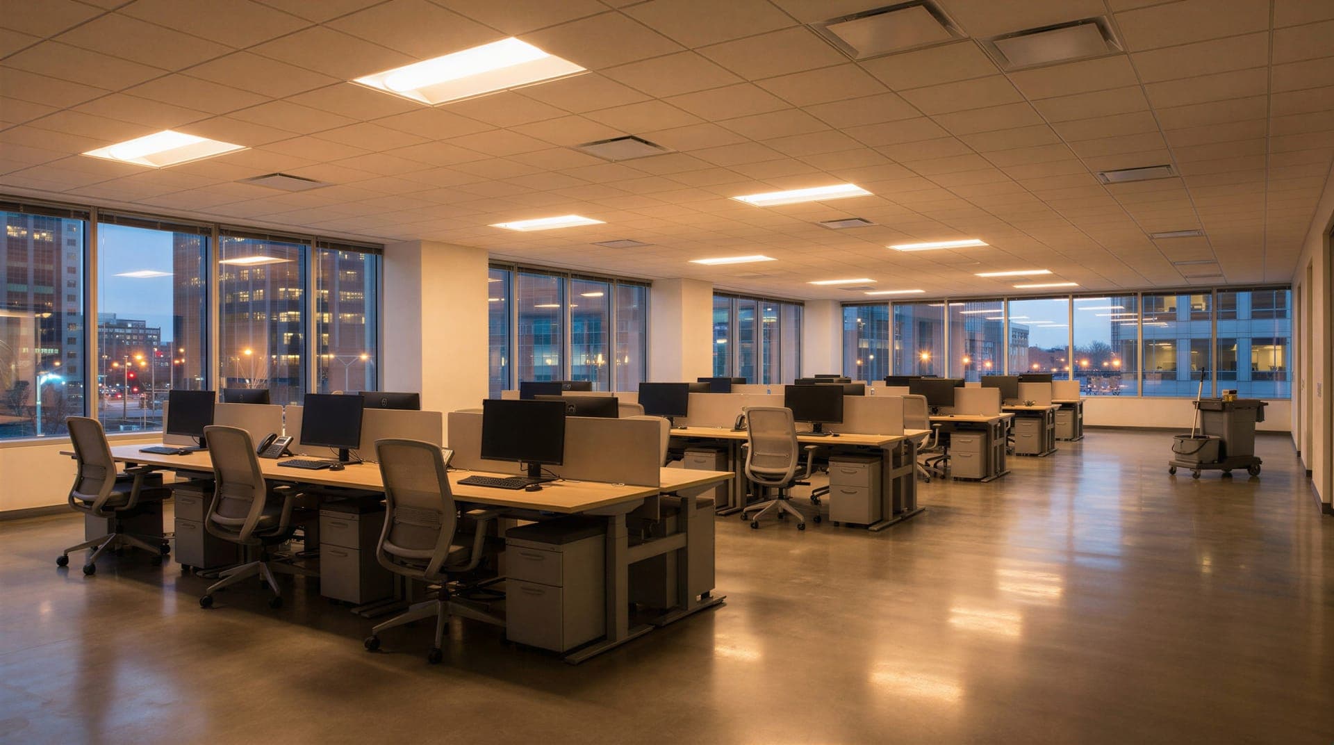 A quiet office floor at dusk with tidy desks, ceiling lights on and city lights showing through the windows