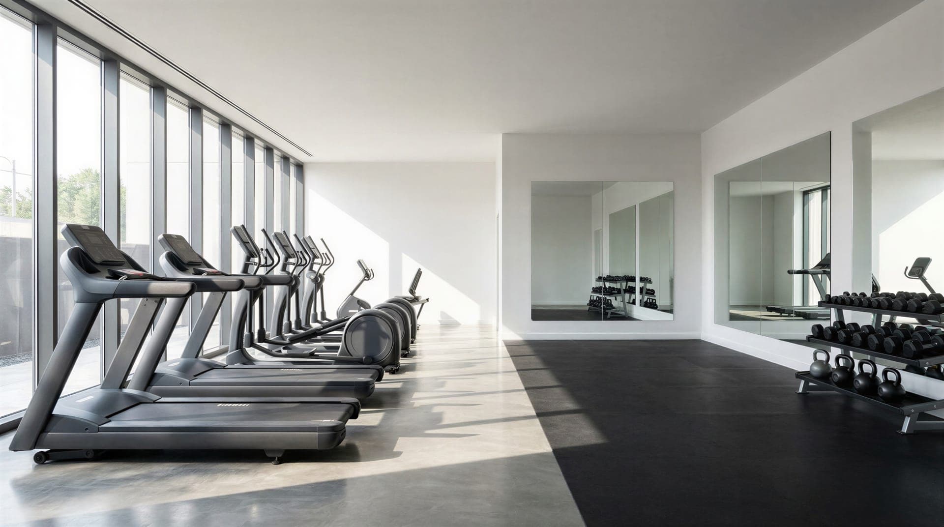 An empty fitness studio with a row of treadmills and cross-trainers beside tall windows, wall mirrors, a dumbbell rack and black rubber flooring