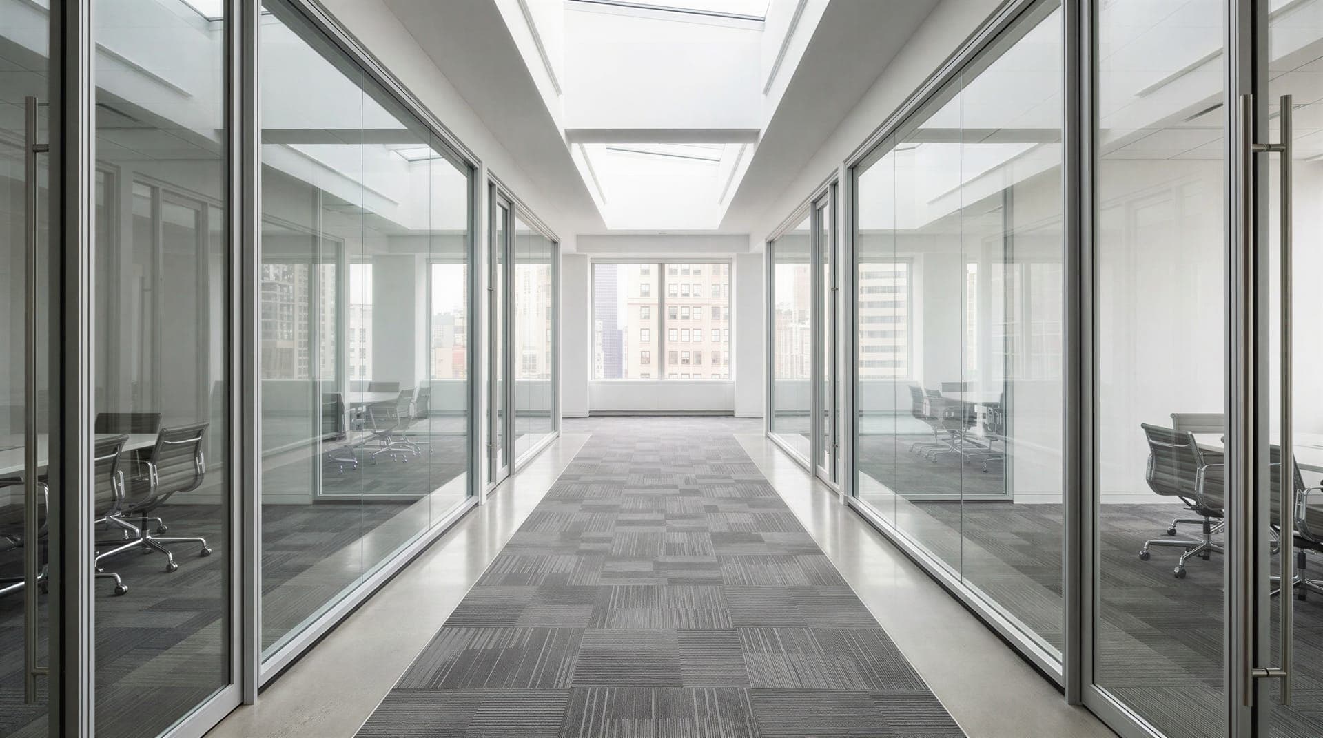 A bright office corridor with glass-walled meeting rooms on both sides, grey patterned carpet tiles and a window at the far end
