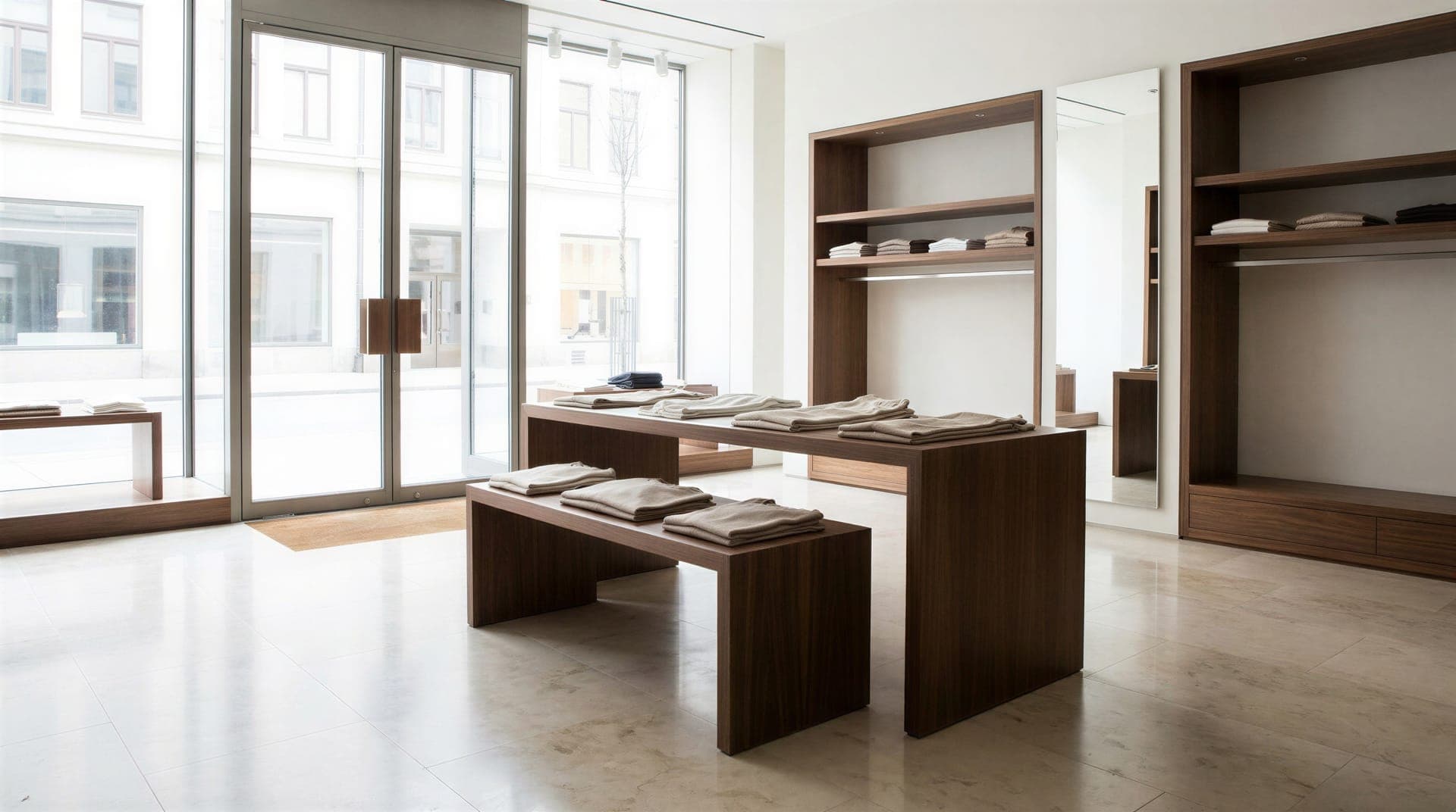 The inside of an empty boutique shop with a polished stone floor, walnut display tables, shelves of folded clothing and a glass shop front onto the street