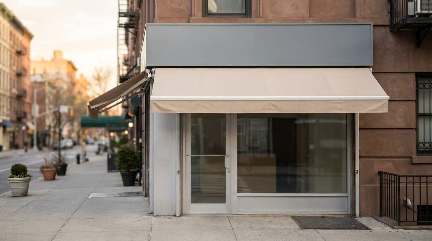 A street-corner storefront with a fabric awning over a glass door and window, a plain blank sign panel above it, potted plants on the sidewalk and a brown stone wall to the right